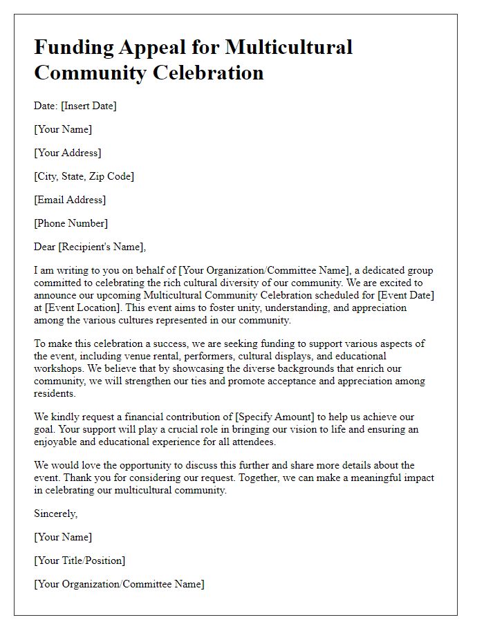 Letter template of appeal for funding for a multicultural community celebration