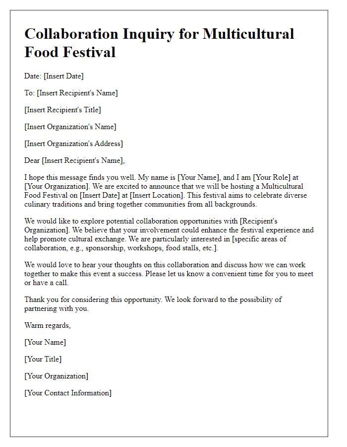 Letter template of collaboration inquiry for a multicultural food festival