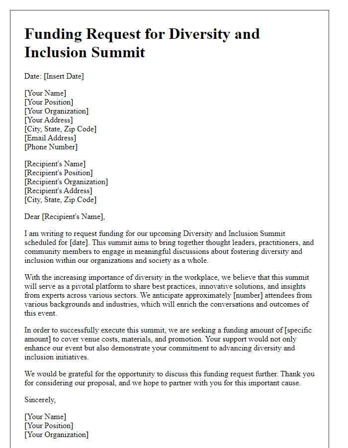 Letter template of funding request for a diversity and inclusion summit