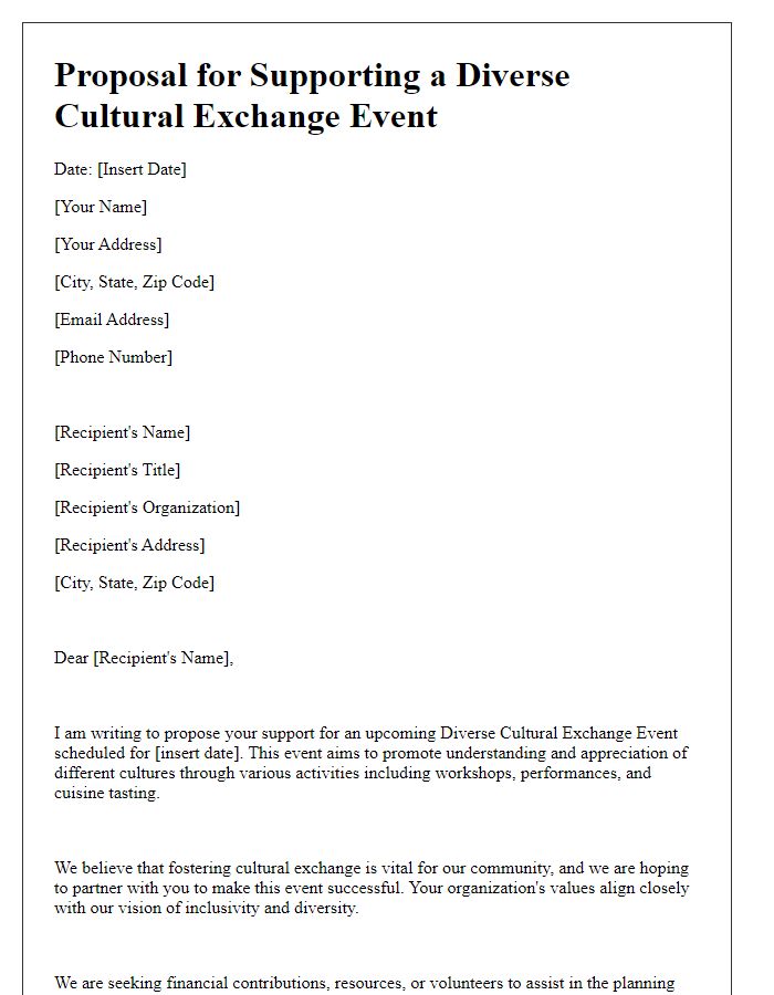 Letter template of proposal for supporting a diverse cultural exchange event