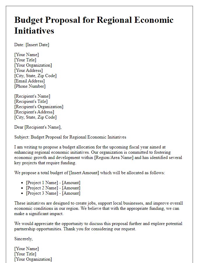 Letter template of budget proposal for regional economic initiatives