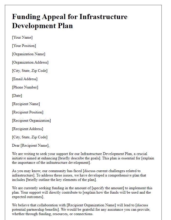 Letter template of funding appeal for infrastructure development plan