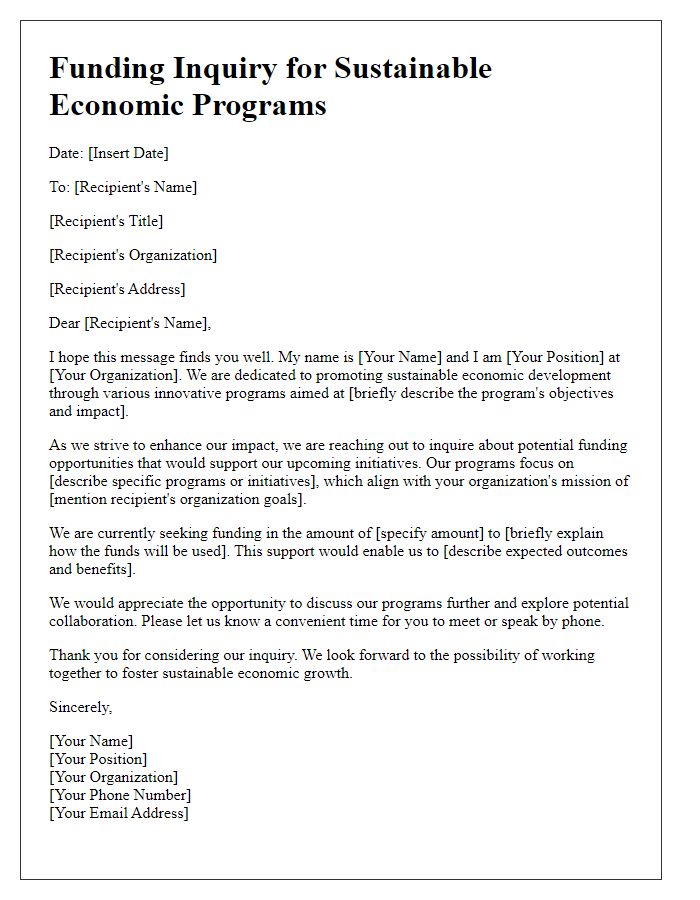 Letter template of funding inquiry for sustainable economic programs