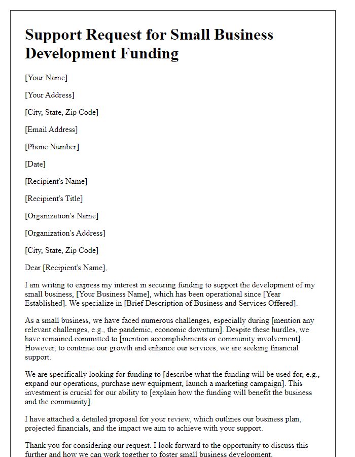 Letter template of support request for small business development funding