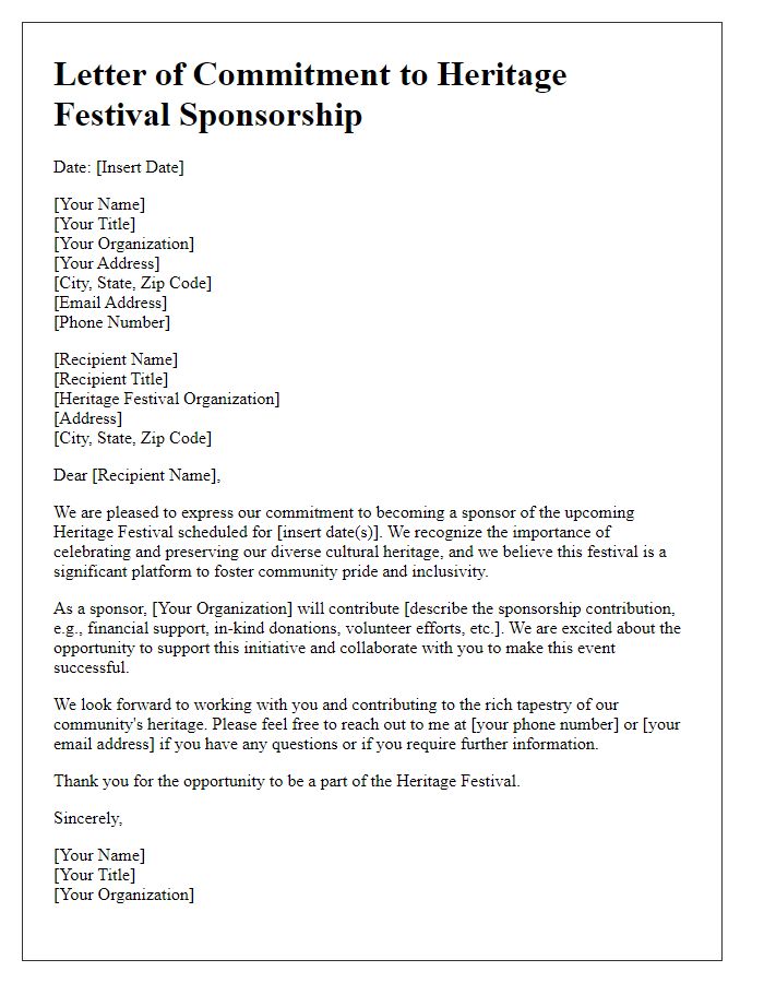 Letter template of commitment to heritage festival sponsorship