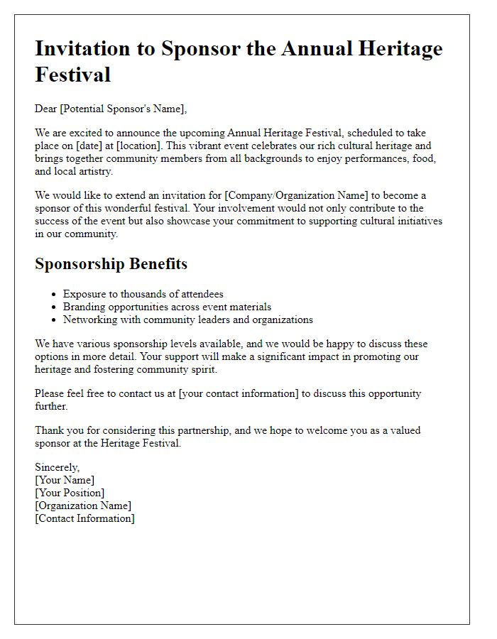 Letter template of invitation for potential heritage festival sponsorship