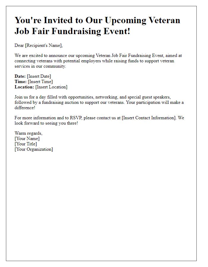 Letter template of announcement for upcoming veteran job fair fundraising event