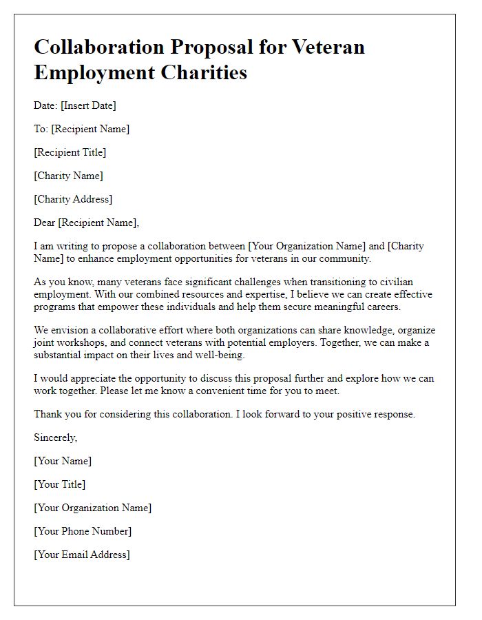 Letter template of collaboration proposal for veteran employment charities