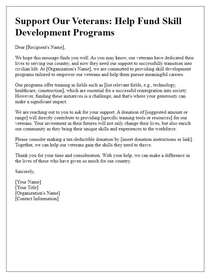 Letter template of fundraising appeal for veteran skill development programs