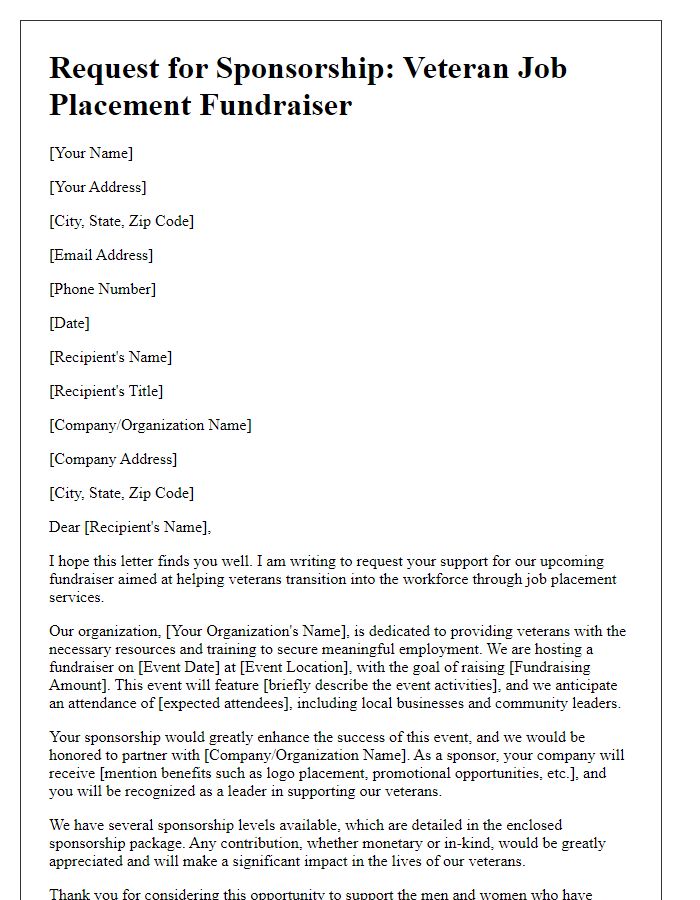 Letter template of sponsorship request for veteran job placement fundraiser