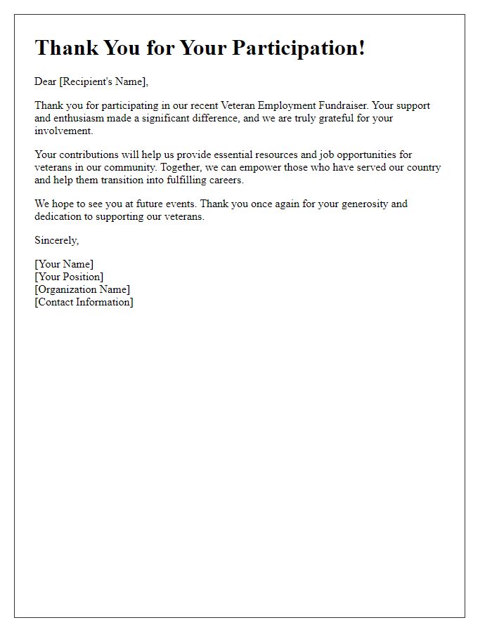 Letter template of thank you for participation in veteran employment fundraiser