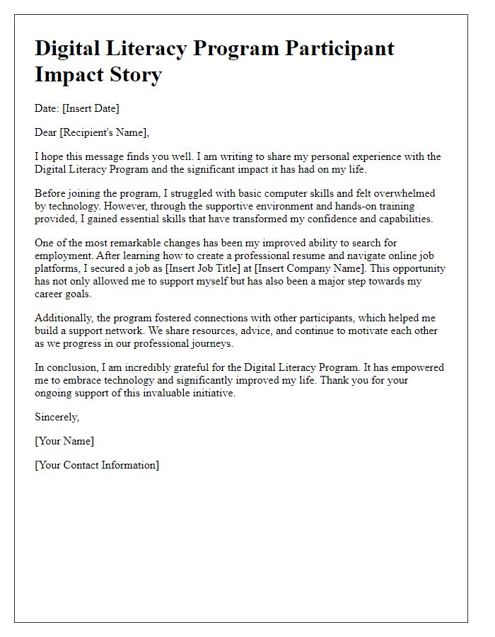 Letter template of digital literacy program participant impact story