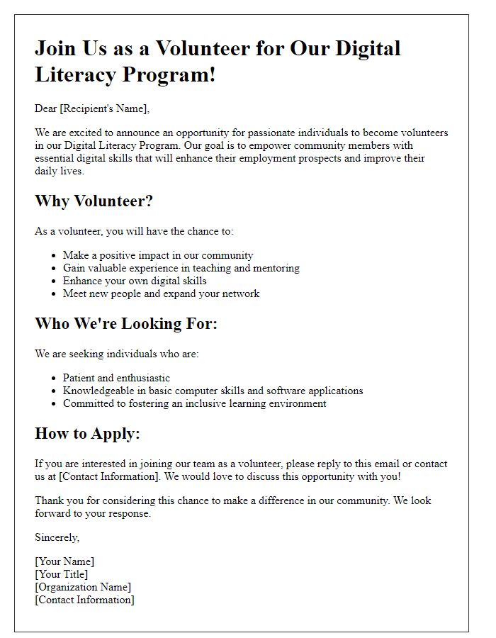 Letter template of digital literacy program volunteer recruitment