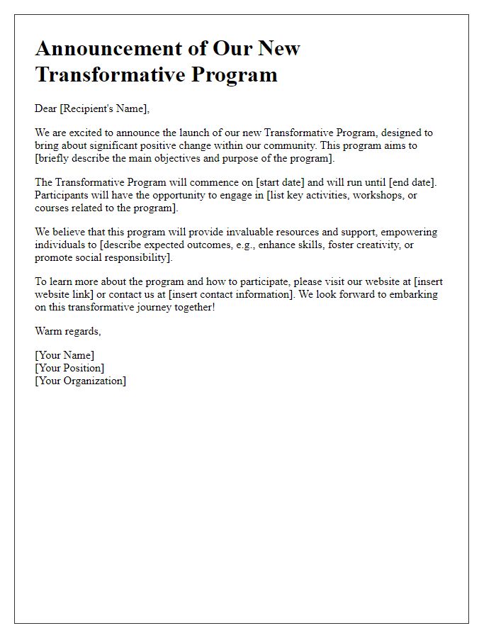 Letter template of transformative program announcement