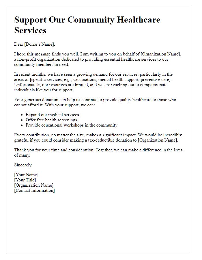 Letter template of donation solicitation for community healthcare services.