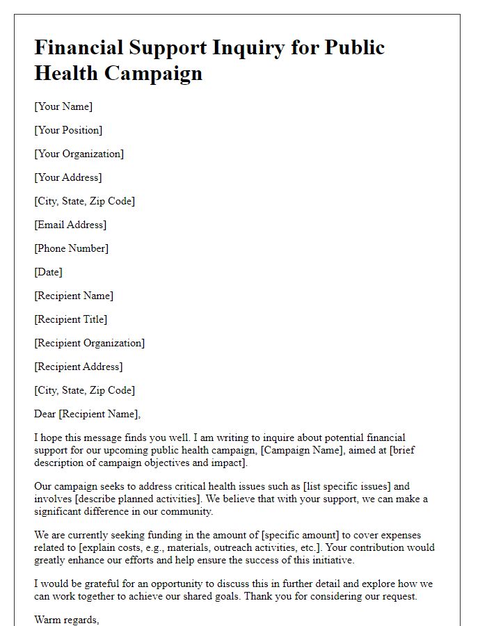 Letter template of financial support inquiry for public health campaign.