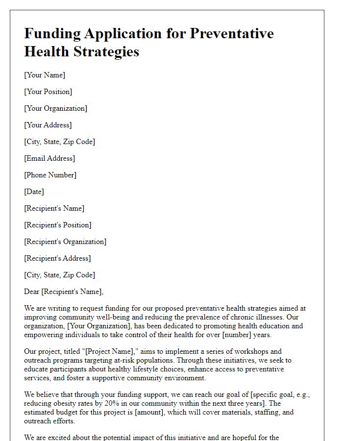 Letter template of funding application for preventative health strategies.