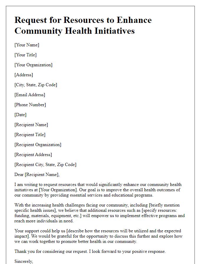 Letter template of request for resources to enhance community health initiatives.