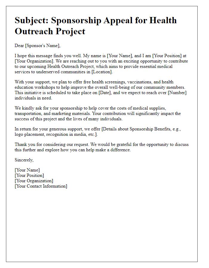 Letter template of sponsorship appeal for health outreach project.