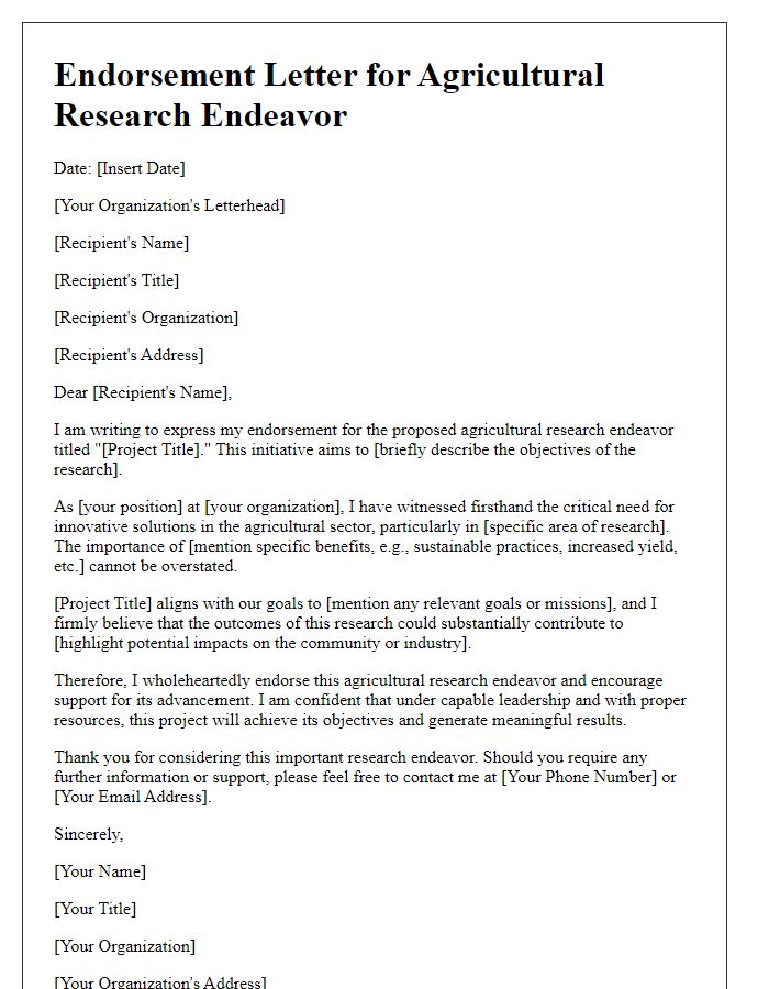 Letter template of endorsement for agricultural research endeavor