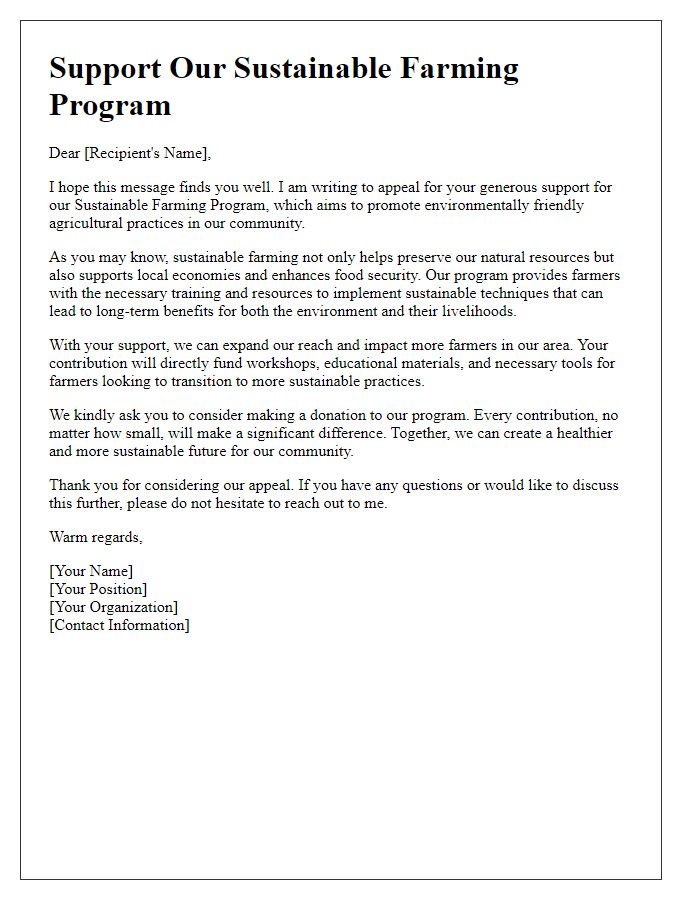 Letter template of support appeal for sustainable farming program