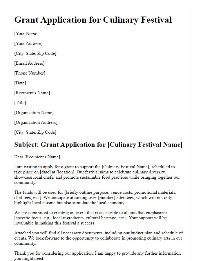 Letter template of culinary festival grant application