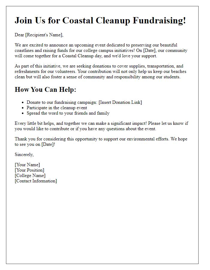 Letter template of coastal cleanup fundraising for college campuses