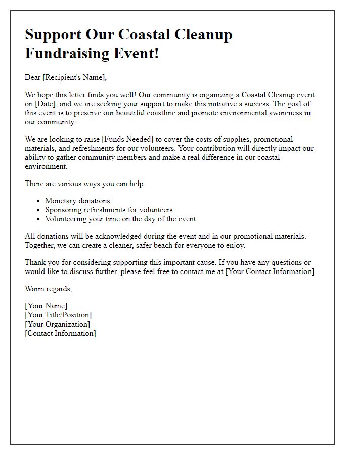 Letter template of coastal cleanup fundraising for community events