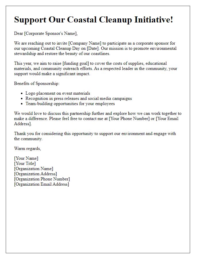 Letter template of coastal cleanup fundraising for corporate sponsorship