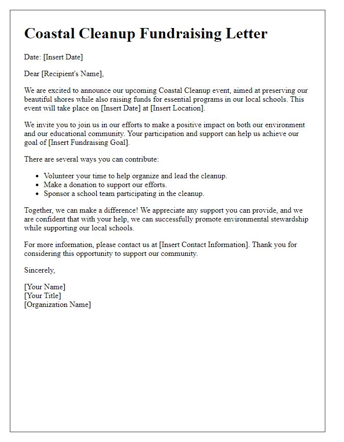 Letter template of coastal cleanup fundraising for local schools