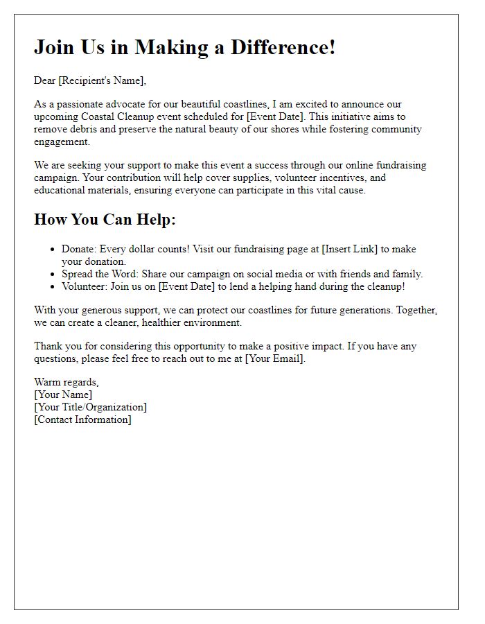 Letter template of coastal cleanup fundraising for online campaigns