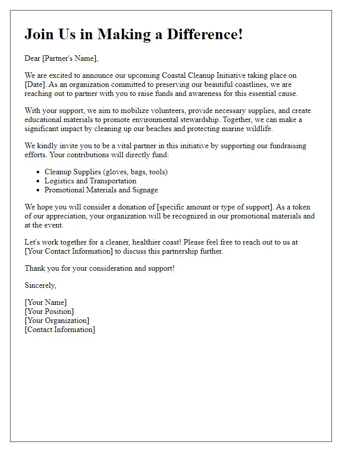 Letter template of coastal cleanup fundraising for partnership initiatives