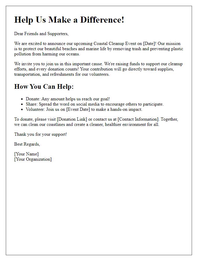 Letter template of coastal cleanup fundraising for social media outreach