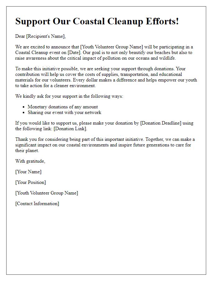 Letter template of coastal cleanup fundraising for youth volunteer groups