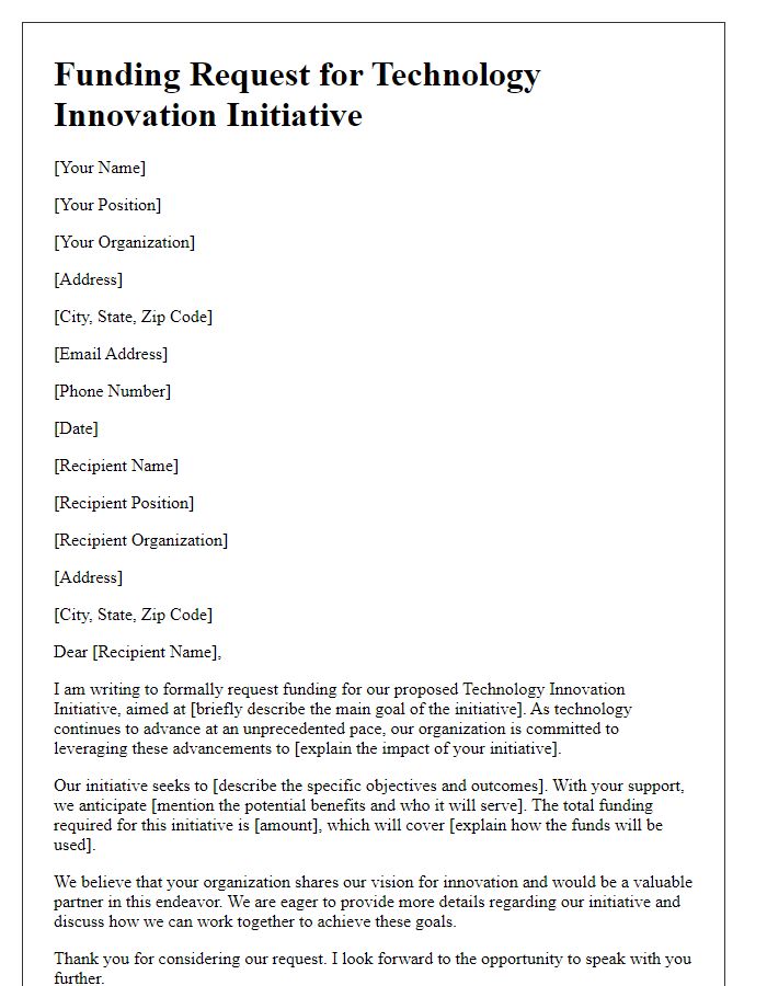 Letter template of funding request for technology innovation initiative