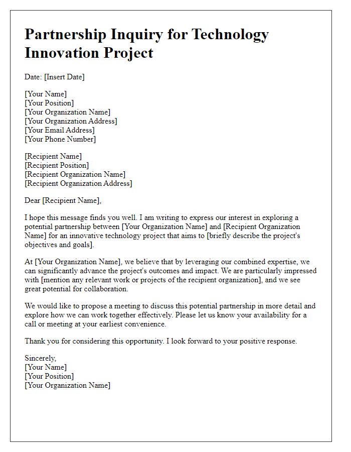 Letter template of partnership inquiry for technology innovation project