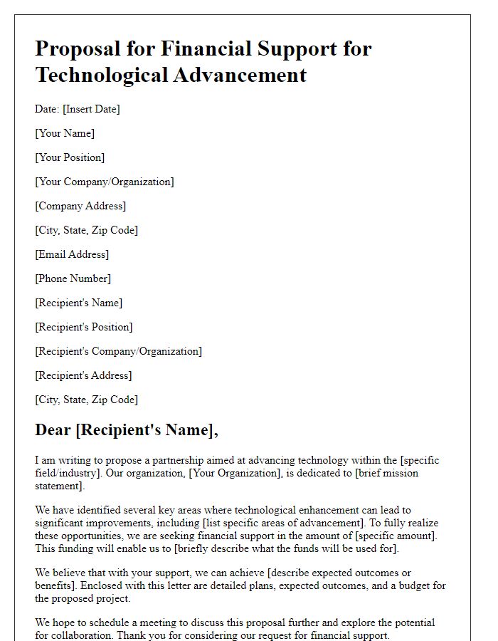 Letter template of proposal for financial support for tech advancement