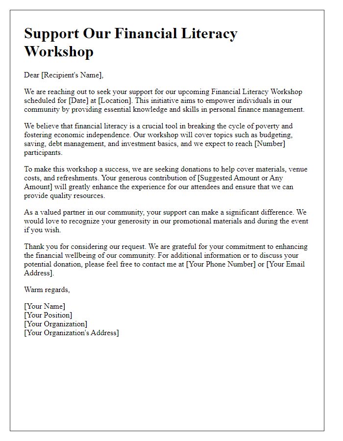 Letter template of donation solicitation for financial literacy workshop