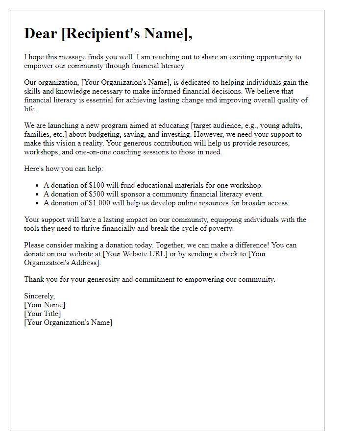 Letter template of fundraising appeal for financial literacy program