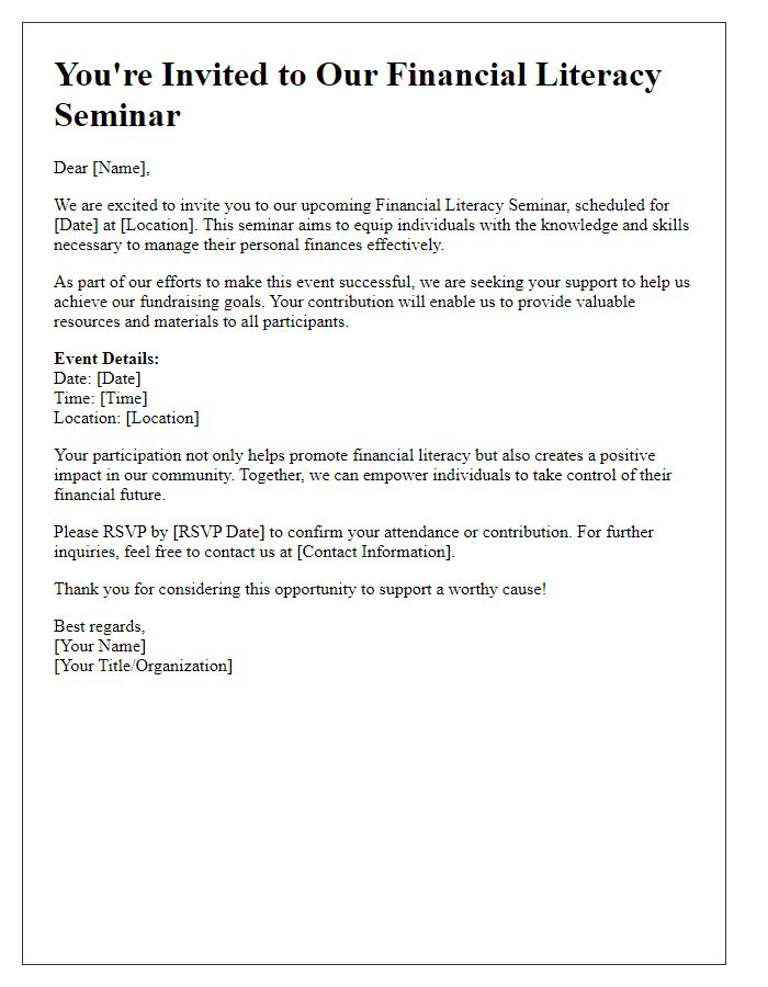 Letter template of fundraising invitation for financial literacy seminar