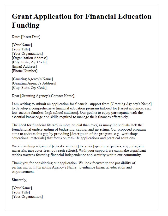 Letter template of grant application for financial education funding