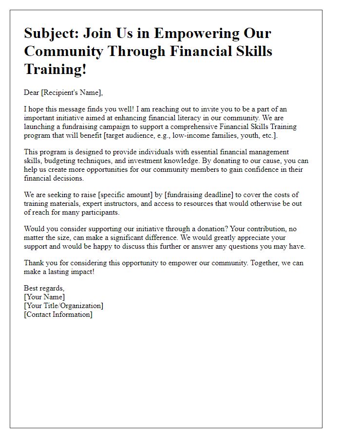 Letter template of outreach for financial skills training fundraiser