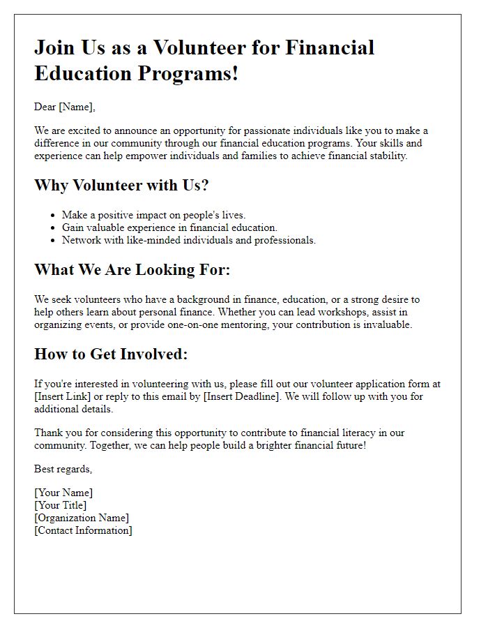 Letter template of volunteer recruitment for financial education programs