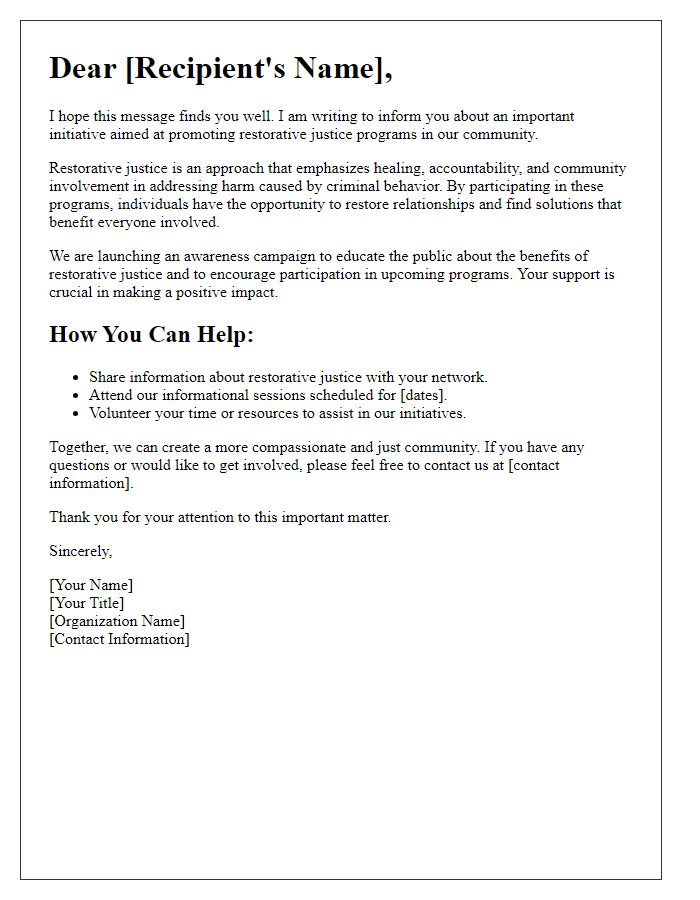 Letter template of awareness campaign for restorative justice programs