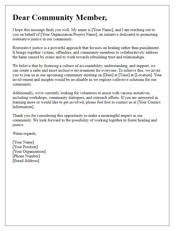 Letter template of outreach for community support in restorative justice