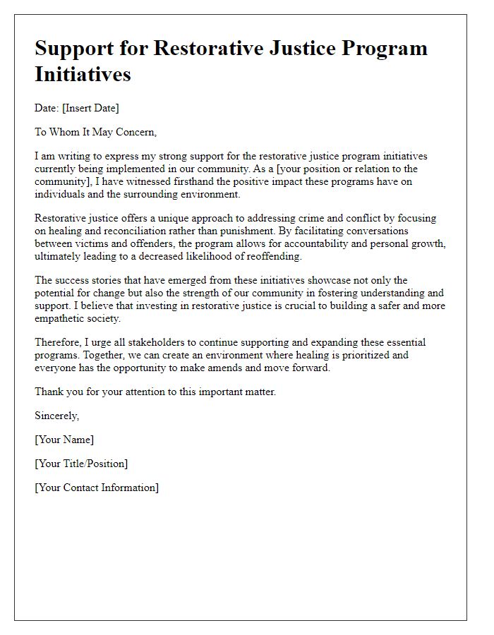 Letter template of support for restorative justice program initiatives