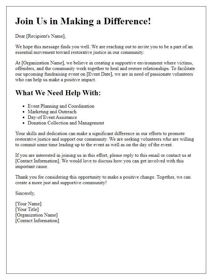 Letter template of volunteer recruitment for restorative justice fundraising