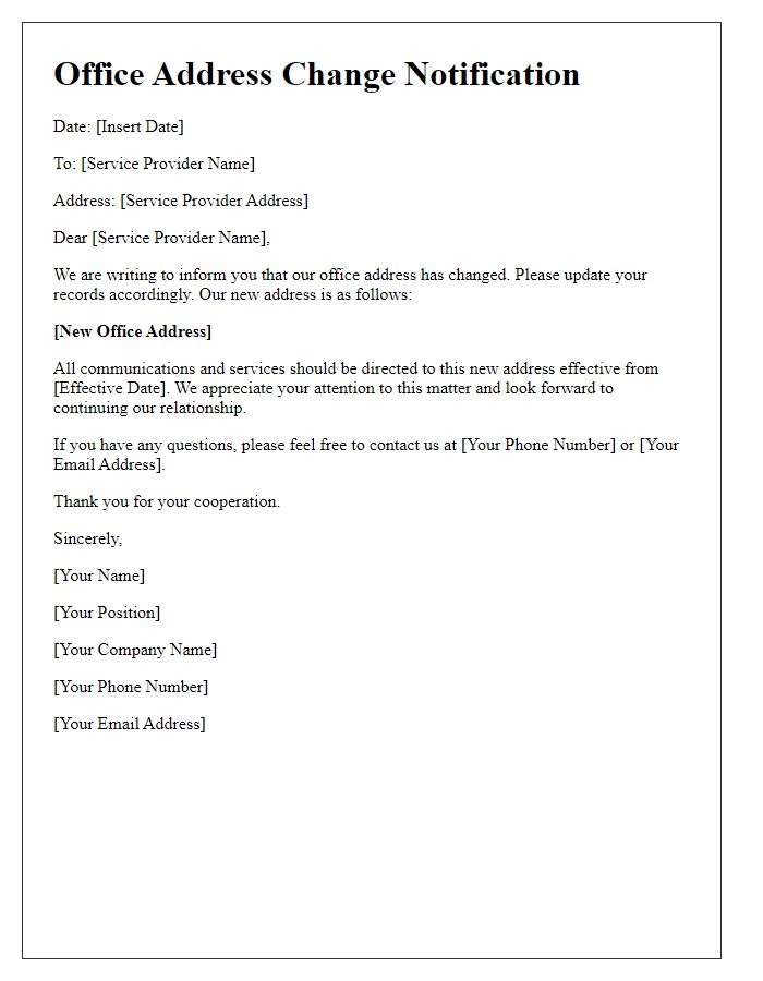 Letter template of office address change for service providers.