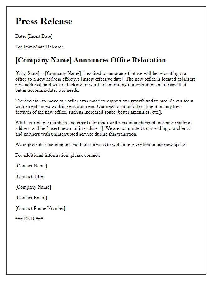 Letter template of office change announcement for the media.