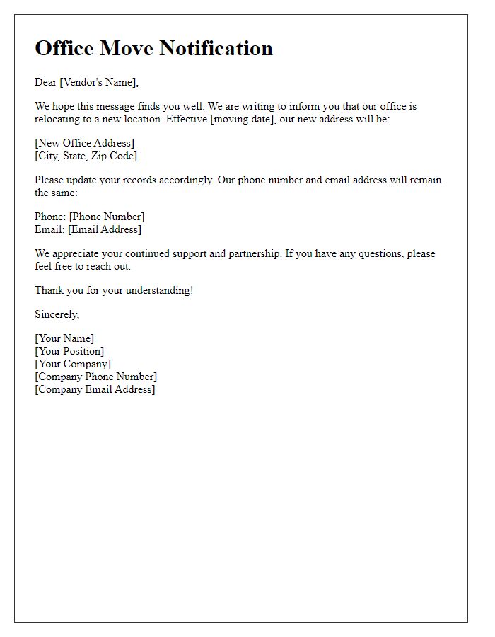 Letter template of office move communication for vendors.